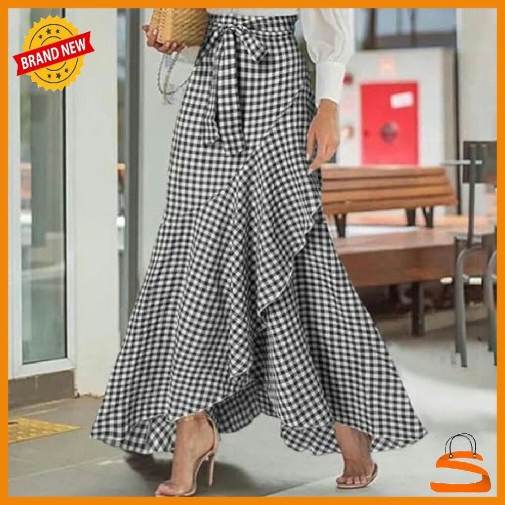 Women's Plaid Mermaid Maxi Skirt A-Line Ruffle Hem Casual Long Skirt - Picture 3 of 3